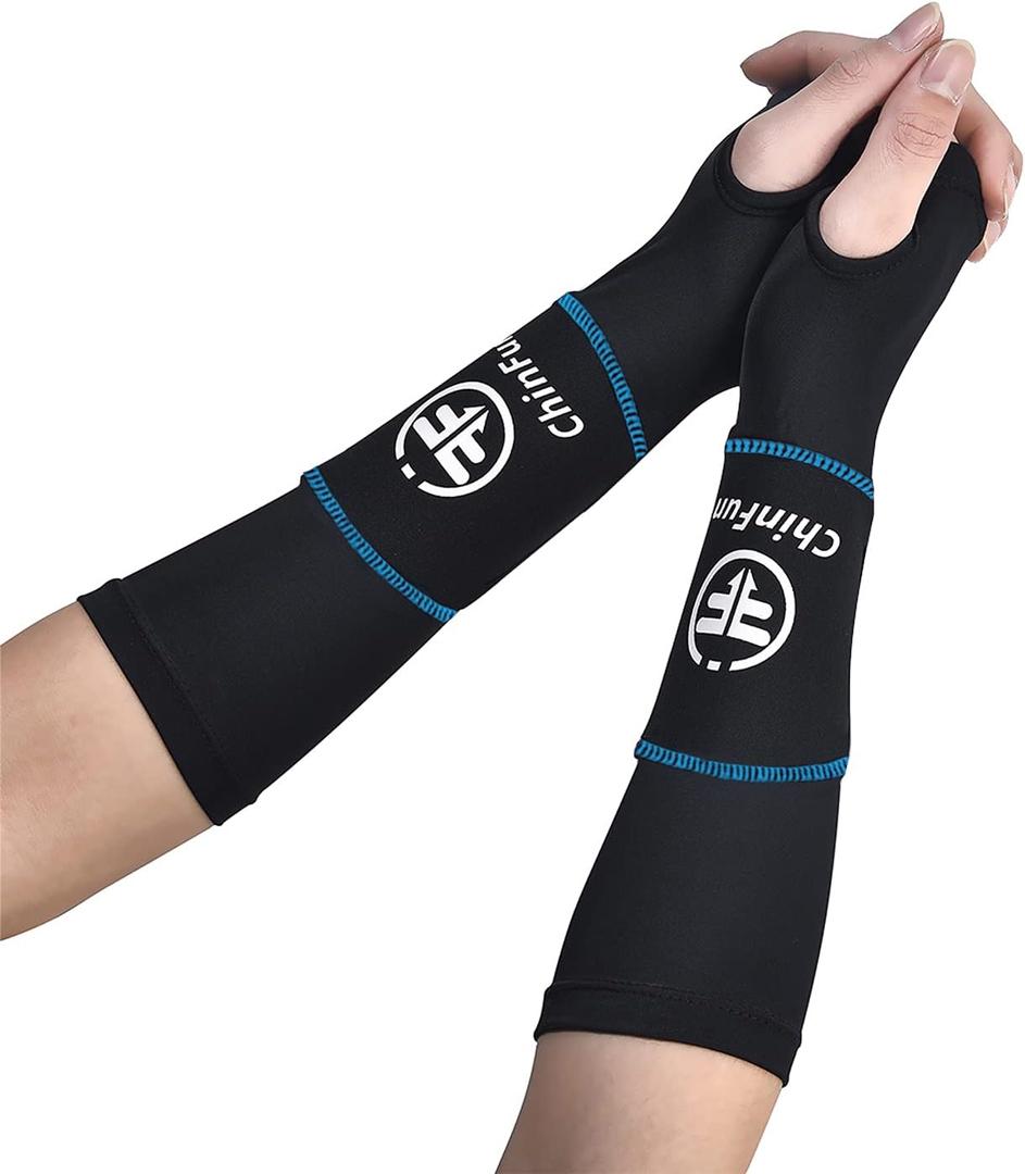 ChinFun Volleyball Arm Sleeves Passing Forearm Padded Sleeves with Protection Pads and Thumbhole for Teen Girls Youth Women (10", Black & Blue)