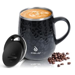 Ideus 16 oz (470 ml) Insulated Coffee Mug with Handle and Lid, Double Wall Stainless Steel Vacuum Thermal Coffee Mug, Travel Coffee Cup Thermal Cup for Home and Office, Leopard Black