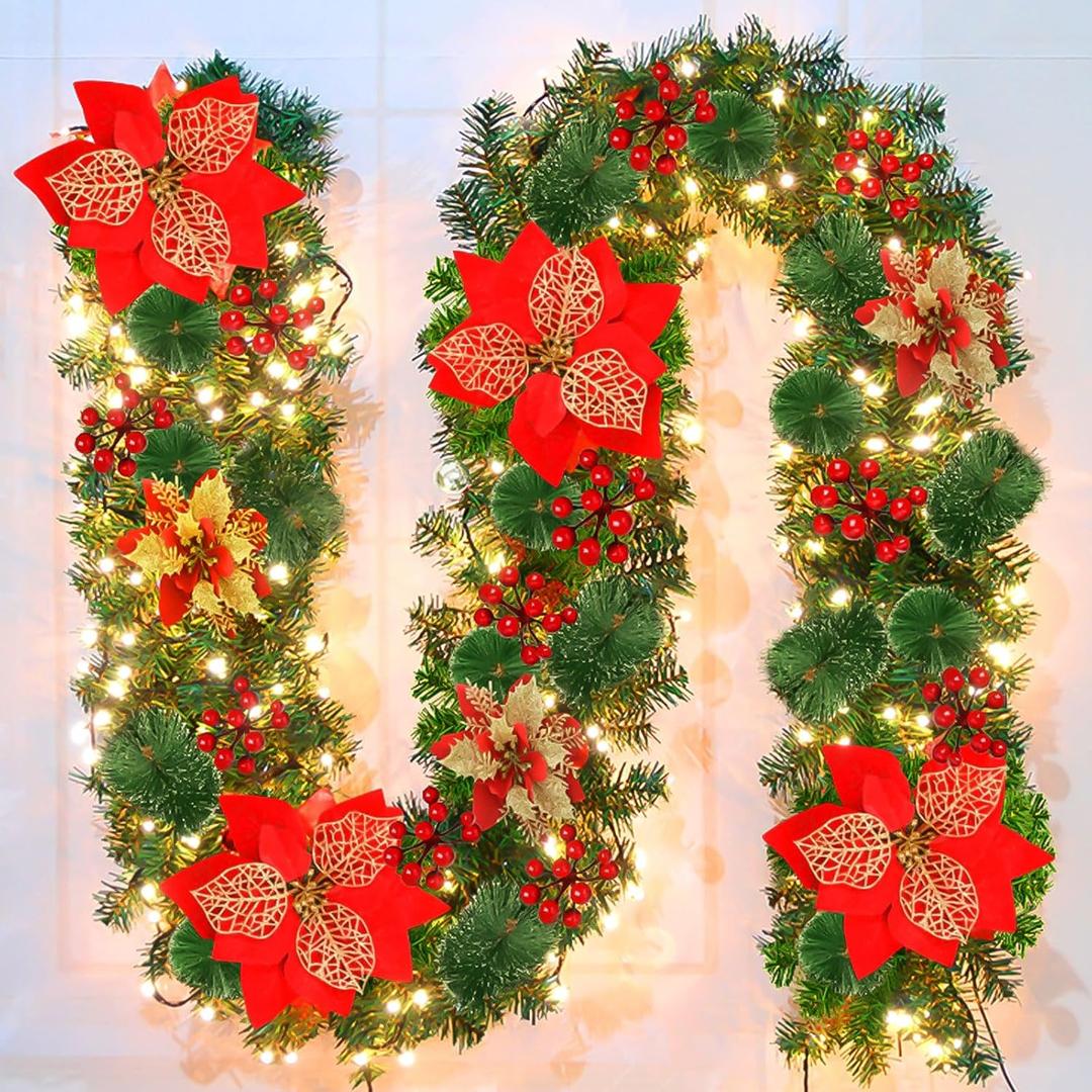 Christmas Garland,Christmas Garland with Lights,Xmas Decor,9 ft Rattan Artificial Flower Vine Plants Xmas Decorations for Indoor Outdoor Home Mantel Fireplace Stairs (Red)