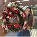 Christmas Wreath for Front Door, 18 Inch Red Truck Christmas Door Wreath with Bowknot, Artificial Red Berries, Rustic Holiday Xmas Decorations Vintage Farmhouse Wreaths for Outdoor, Indoor, Window (C)