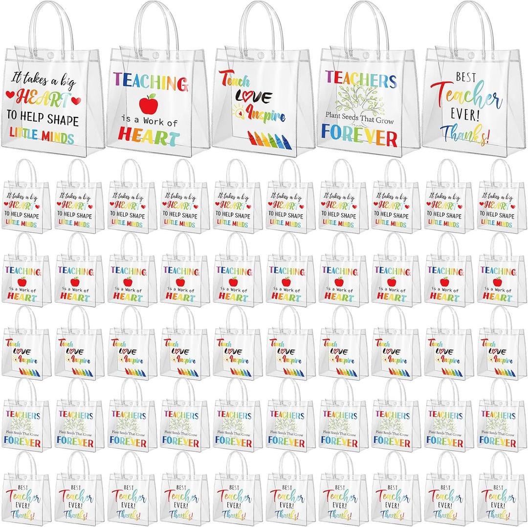 Canchiing 50 Pcs End of Year Teacher Clear Gift Bags with Handles Reusable Clear End of Year Treat Bags Thank You PVC Gift Wrap Totes for Graduation Teacher Appreciation Supplies, 7.9 x 7.9 x 3.1