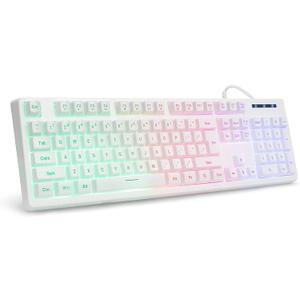 HUO JI White Gaming Keyboard USB Wired with Rainbow LED Backlit, Floating Keys, Mechanical Feeling, Spill Resistant, Ergonomic for Xbox, PS Series, Desktop, Computer, PC