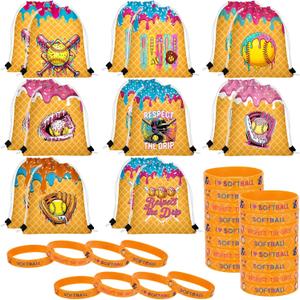 Equsion 32 Pcs Softball Party Favors Set 16 Yellow Ice Cream Softball Drawstring Goodie Bags 16 Silicone Wristband Respect the Drip Snack Treat Candy Bags Motivational Bracelet Sports Party Supplies