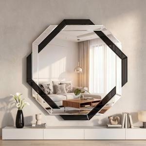 Vercraft Black Bathroom Mirror 20"20" Decorative Beveled Edge Frameless Mirror Wall Mirrors Hexagon Silver Polished for Wall Bathroom Vanity Room Bedroom Living Room and Enter Way
