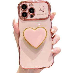 Compatible with Cute iPhone 13 Pro Max Case, Pink Wave Frame Curly Shape Phone Case with Love Heart Kickstand Raised Camera Protection Luxury Plating Shockproof TPU Protective Cover for Women Girls
