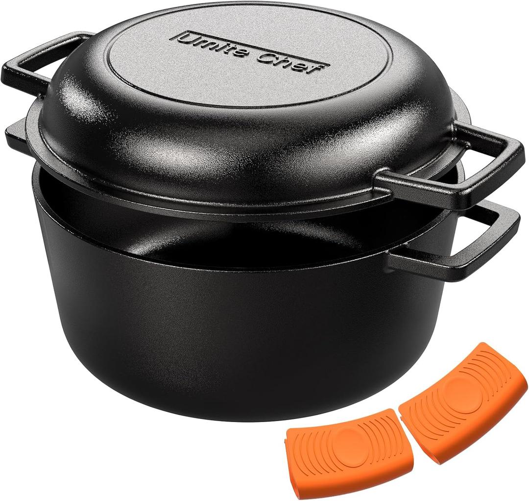 Cast Iron Dutch Oven Pot with Skillet Lid  Pre-Seasoned  Skillet Lid Cooking Pan PFAS-Free Umite Chef Cast Iron Skillet Cookware for Bread, Frying, Baking  Dual Handles  Oven, Grill, Campfire & Stovetop Safe  Durable & Non-Toxic, 5QT