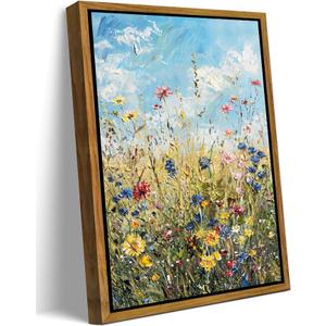 Floating Framed Colorful Florals Canvas Wall Art 16x24 in Wildflowers Painting Picture Wall Decor, Cottagecore Poster Print Artwork for Bedroom Living Room Farmhouse Home Decoration