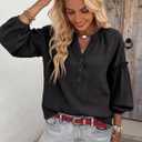 Womens V Neck Button Down Tops Puff Long Sleeve Tunic Blouse Dressy Loose Fit Basic T Shirt Business Casual Work Tops (L)