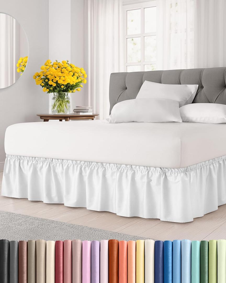 Wrap Around Dust Ruffle Bed Skirt - White - for Full Size Beds with 24 Inch Drop - Easy Fit Elastic Strap - Adjustable Pleated Bedskirt w/Brushed Fabric - Wrinkle Free - for Women, Men, Kids & Teens