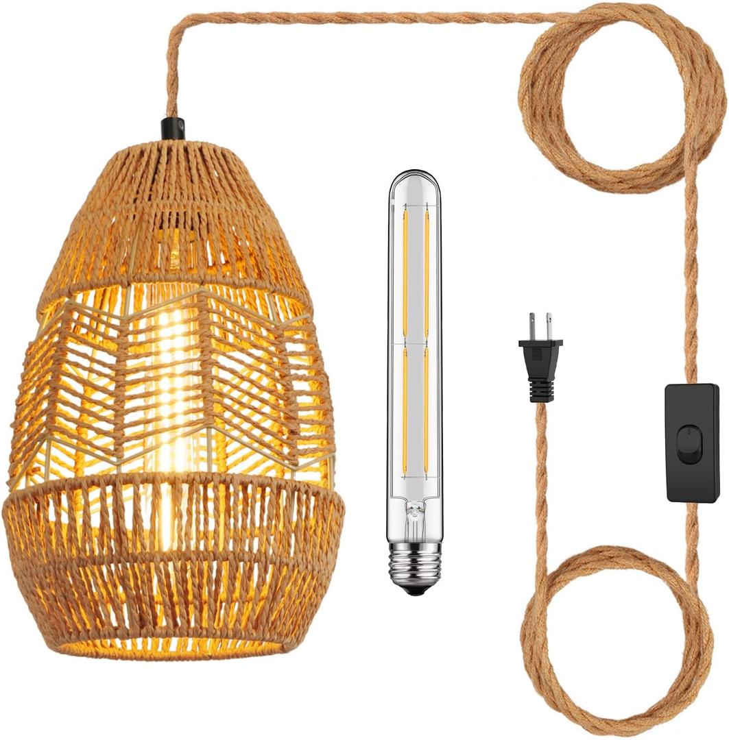 Plug in Pendant Light Rattan Hanging Lights with Plug in Cord 15FT Hemp Rope Cord, On/Off Switch Chandelier for Boho Living Room Bedroom KitchenBulb Included 11 x 7 inch (Vase shaped)