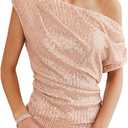 GRACE KARIN One Shoulder Sequin Sparkly Tops for Women Ruched Asymmetrical Glitter Tops Slimming Sparkle Party Shirts (X-Large, Rose Gold)