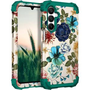 Hocase for Galaxy A16 5G Case, Heavy Duty Shockproof Protection Soft Silicone Rubber Bumper+Hard Plastic Hybrid Protective Case for Samsung Galaxy A16 5G (6.7") 2025 - Teal Flowers