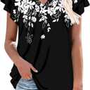 BETTE BOUTIK Womens Short Sleeve Tunics V Neck Button Down Shirts Blouse Tops Pullover (Large, 2-whiteoutline)
