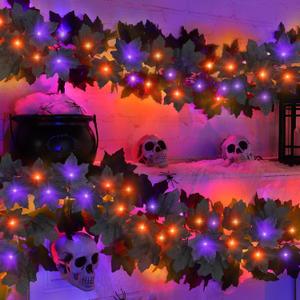 2 Pack Total 12 Ft Black Halloween Garland with Lights, Maple Leaf Garland String Lights, 60 LEDs Orange & Purple Lights Battery Operated for Table Fireplace Porch Halloween Decorations Indoor Outdoor
