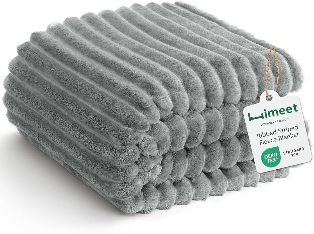 Grey Ribbed King Size Blanket for Bed - 300GSM Lightweight Fleece Blanket for Men Women, Large Cozy Sofa Couch Bed Blankets Gifts, Striped Spring Home Room Decor, Grey, 108x90 Inches