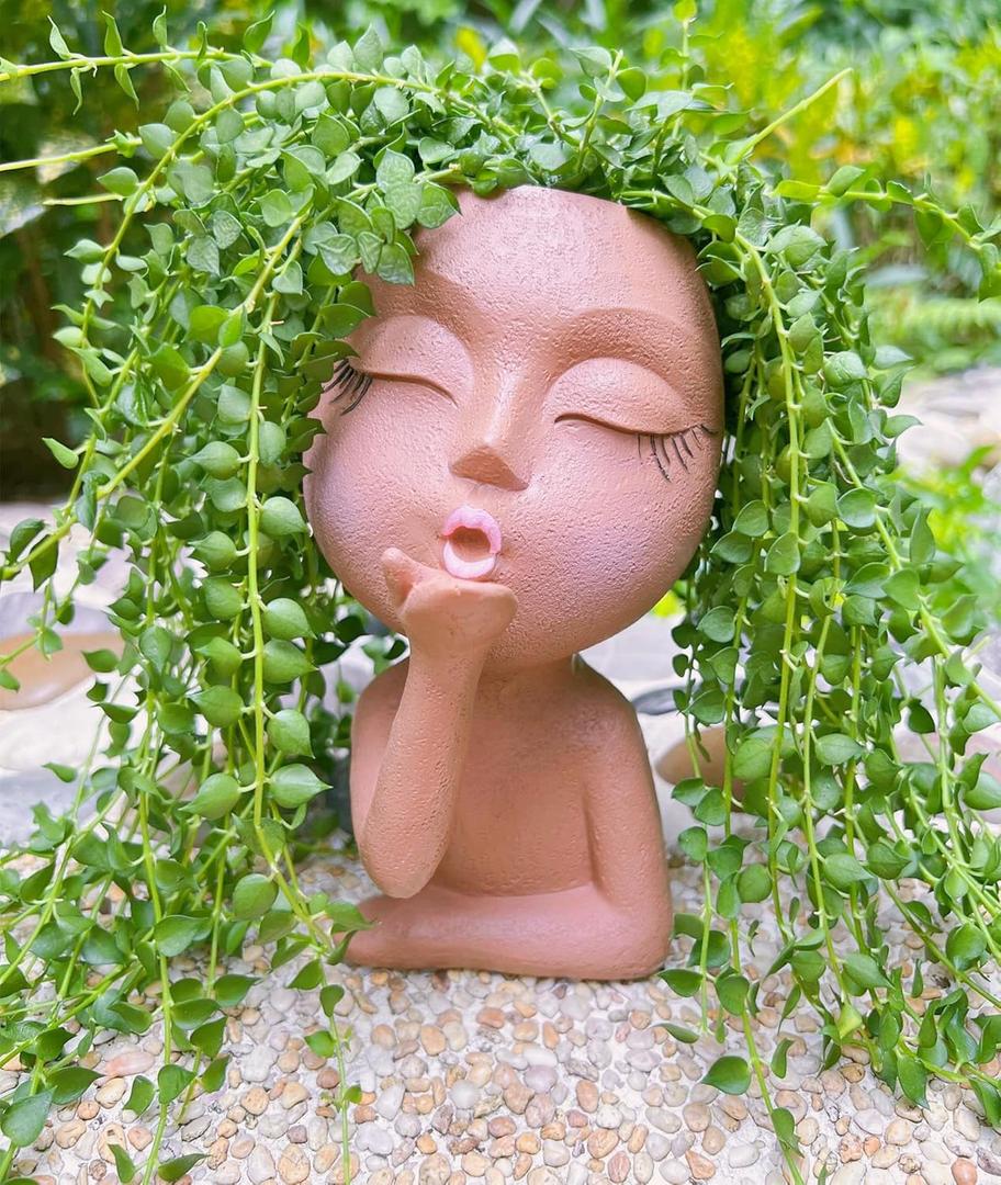 Brown Resin Handcrafted Cute Flower Pot, Suitable for Indoor and Outdoor Use, with Drain Hole and Anti-Friction Pads