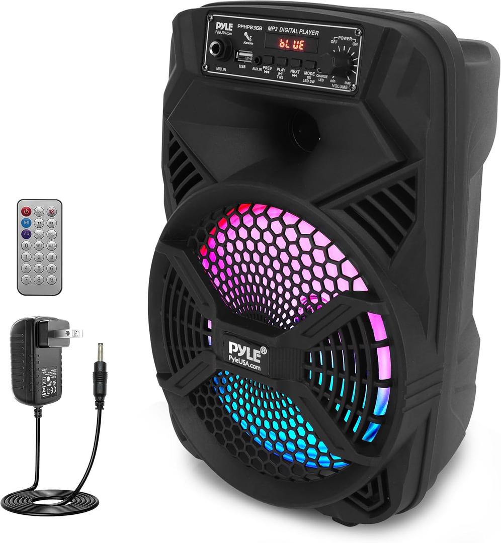 Pyle 8" Portable PA Bluetooth Speaker  300W Max Power, Rechargeable Battery, Flashing LED Party Lights, MP3/USB/FM Radio, Aux Input, Ideal Karaoke Machine for Indoor/Outdoor Events, 8.8"x 7.7"x13.1"