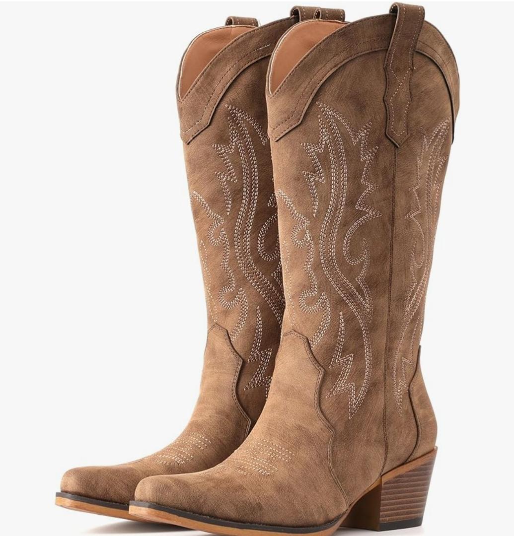 IUV Cowboy Boots For Women Western Cowgirl Boots with Chunky Heel Mid Calf Snip Toe Ideal for low insteps 8