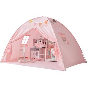 Sumbababy Toddler Bed Tent Canopy: Lights & Flags Indoor Floor Kids Play Tent Playhouse - Portable & Foldable Twin Bunk Bed Curtains - Twin Bed Tent for Girls Gifts (Pink)