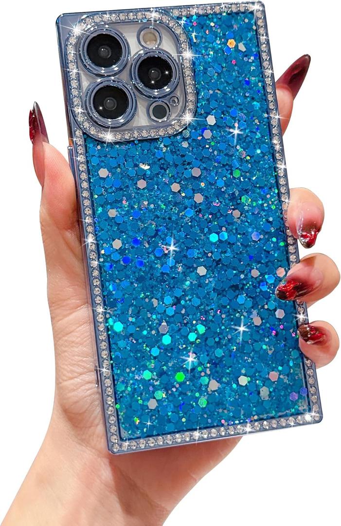 Owncase for iPhone 13 Pro Max Case Glitter, Crystal Diamonds Shiny Bling Sparkly Electroplated Edge Shockproof Soft TPU Bumper Phone Case for Women Girls, Blue