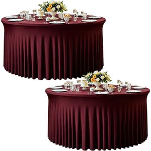 2 Pack Burgundy Table Cloth for 5FT Round Tables, Fitted Spandex 120 inch Round Tablecloth Wrinkle Free Table Skirt for Receptions Birthday Photography Party Social Events Engagement Party Decoration