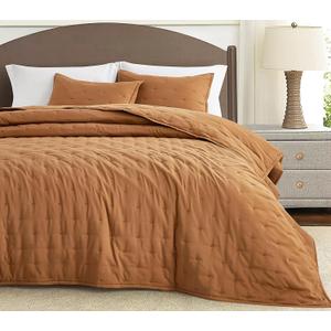 Chezmoi Collection Tencel Modal Blend Quilt Set Queen Size, Terracotta - Lightweight Soft Bedspread Crescent Stitched Quilt for All Seasons