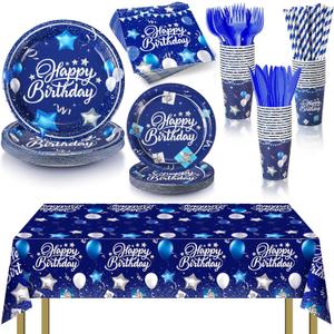 Norme 176 Pcs Navy Blue and Silver Birthday Tableware Set Birthday Decoration Includes Tablecloth Paper Plates Napkins Paper Cups Forks Knifes and Straws for 25 Guests Party Supplies (Classic)