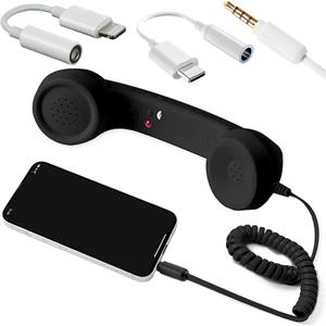 Retro Phone Handset Wired Receiver with 3.5 mm Jack and Type-C and Lightning Adapter, Vintage Telephone Style Handset with Microphone & Answer Button for Smartphones, Tablets & Computers