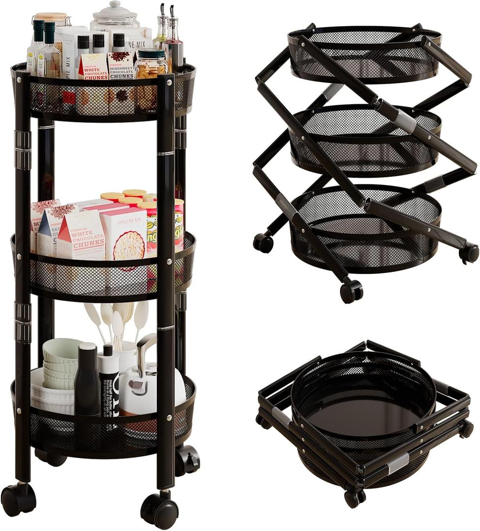 No Assemble 3 Tier Rolling Storage cart, Folding Utility cart with 2 Lockable Wheels, Multifunction Storage Organizer, Perfect for Bathroom, Kitchen, Snack, Craft (Black)