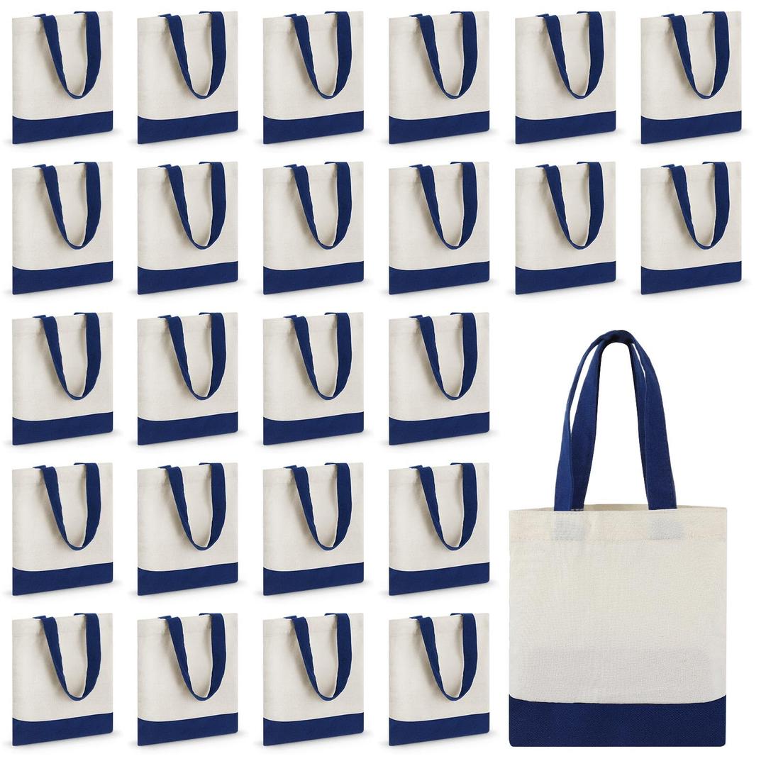 Amylove 24 Pcs Mini Tote Bag Sublimation Blank Canvas Tote Bags Reusable for Grocery Shopping, DIY, Easter Party Favor Gift Bags (8.5 x 8 Inch,White with Blue Handle)