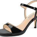 JOY IN LOVE Kitten Heels for Women Open Toe Ankle Strap Low Heel Sandals Party Wedding Dress Shoes Black Patent US7