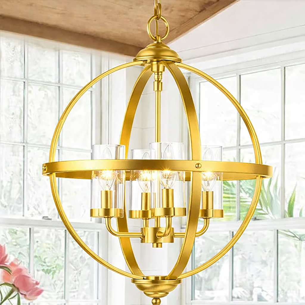 Treekee Chandelier Farmhouse Hanging Lighting, 4-Light Globe Orb Chandelier, Adjustable Modern Pendant Light Fixture for Dining Entryway Foyer, Black and Gold Finish