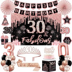 30th Birthday Decorations for Women,32PCS 30th Birthday Party Decorations,Including Backdrop, Crown, Sash, banner, Hanging Swirl,Cake Topper,Balloons,Paper Fans,Anniversary Card and Paper Fans