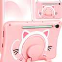Wazzasoft for Galaxy Tab S10 FE/S9 FE Case 10.9 Inch - Girls Cute Cat Kitten 3D Cartoon Women Soft Silicone Tablet Cover for Samsung Galaxy S9 FE with Rotating Stand & Strap Funda para Tab S10 FE 5G