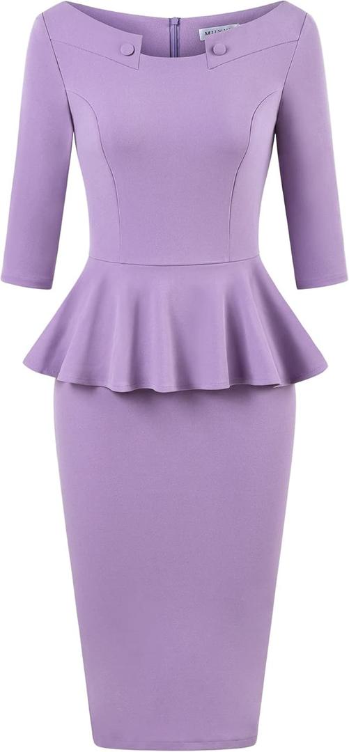 MUXXN Women's 50s Vintage Bodycon 3/4 Sleeve Midi Peplum Business Formal Work Pencil Dresses (Lilac Purple) S