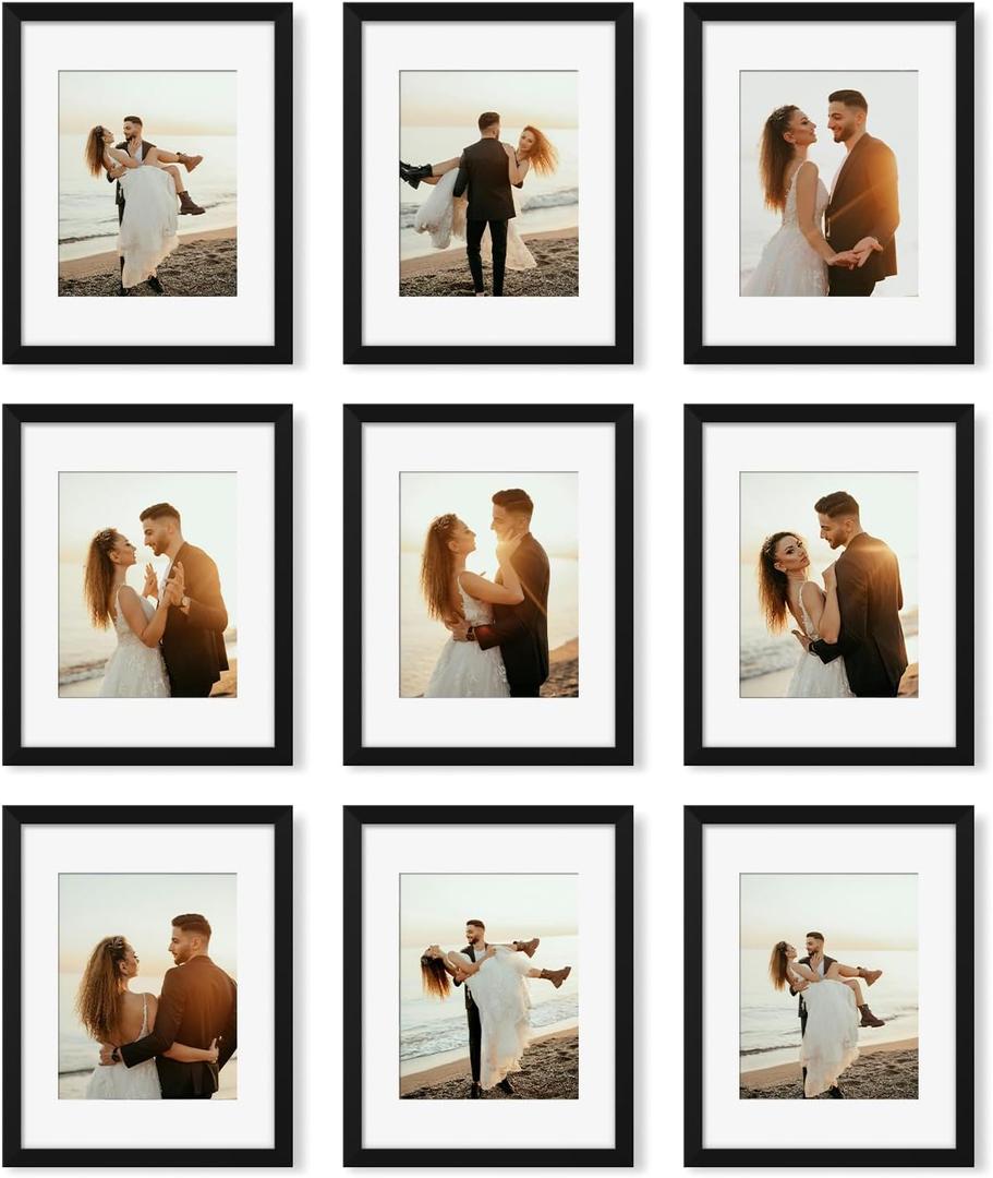 11x14 Picture Frame Set of 9, Photo Gallery Wall Frame Set, Display Pictures 8x10 with Mat or 11 x 14 Without Mat, Multi Photo Frames for Wall Mounting or Table Top Display, Black