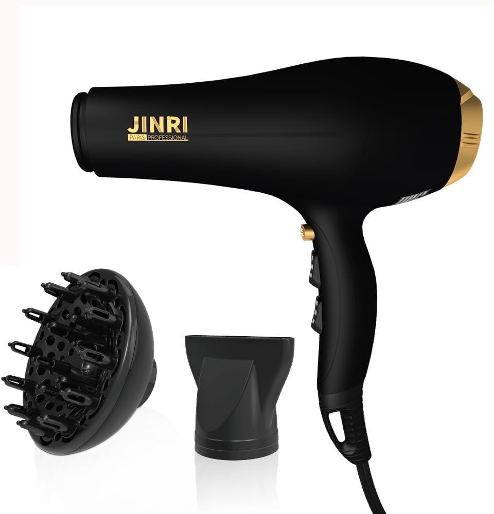 JINRI Hair Dryer,2000W,Ionic Technology & Infrared - Black, 3 Heat & 2 Speed, Detachable Air Intake, with Diffuser, with Concentrator, Hanging Strap, Non-Foldable