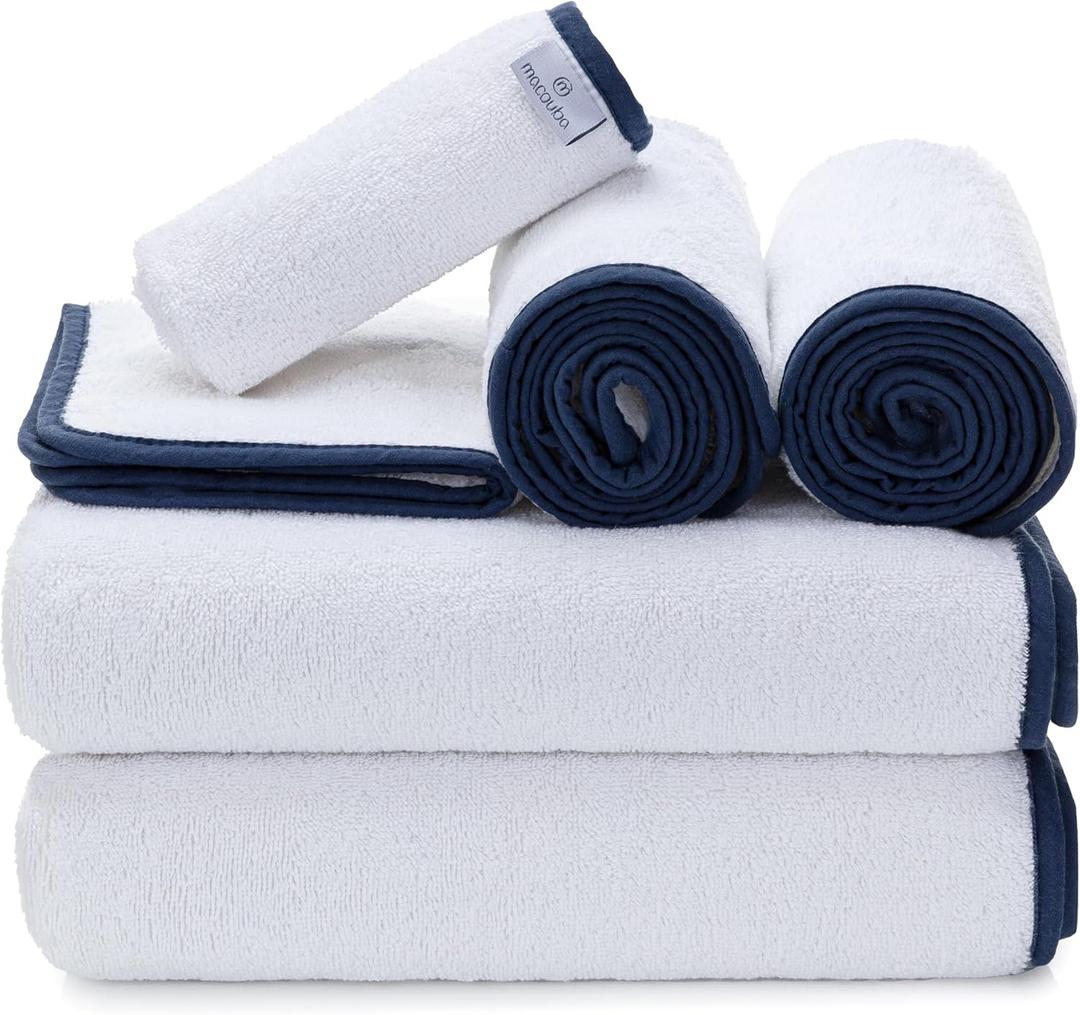 Macouba Bath Towels for Bathroom Bath Towel Set - White Towels with Blue Trim - Luxury Set of 6 - Bathroom Towels Set, White Navy Blue Towels - 2 White Bath Towels, 2 Hand 2 Face