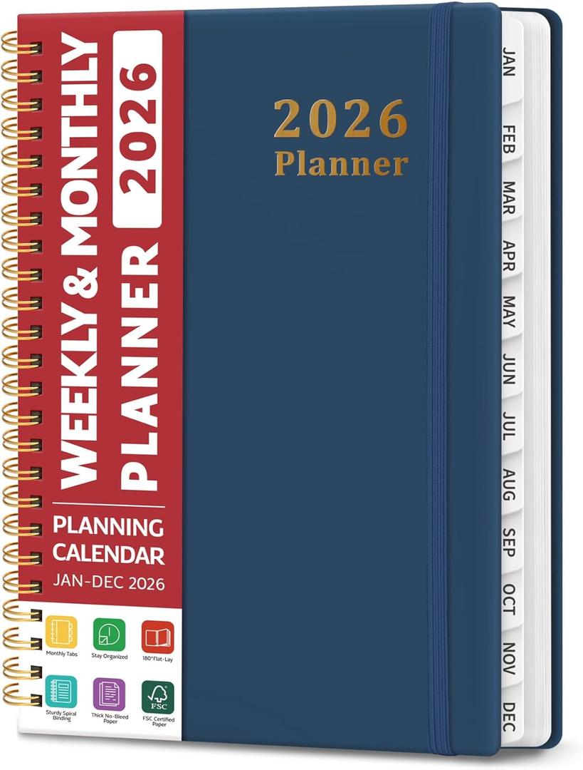 2026 Planner, Weekly and Monthly Calendar Planner, January 2026 - December 2026, Hardcover 2026 Calendar Book with Tabs For Women & Men, Inner Pocket, Spiral Bound, Perfect for Office Home School Supplies - A5 (6.3" x 8.5"), Navy