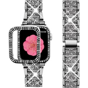 SUPOIX Compatible with Apple Watch Band 45mm + Case, Women Jewelry Bling Diamond Metal Bands & 2 Pack Protective Cover Cases for iWatch Series 9/8/7(Black)
