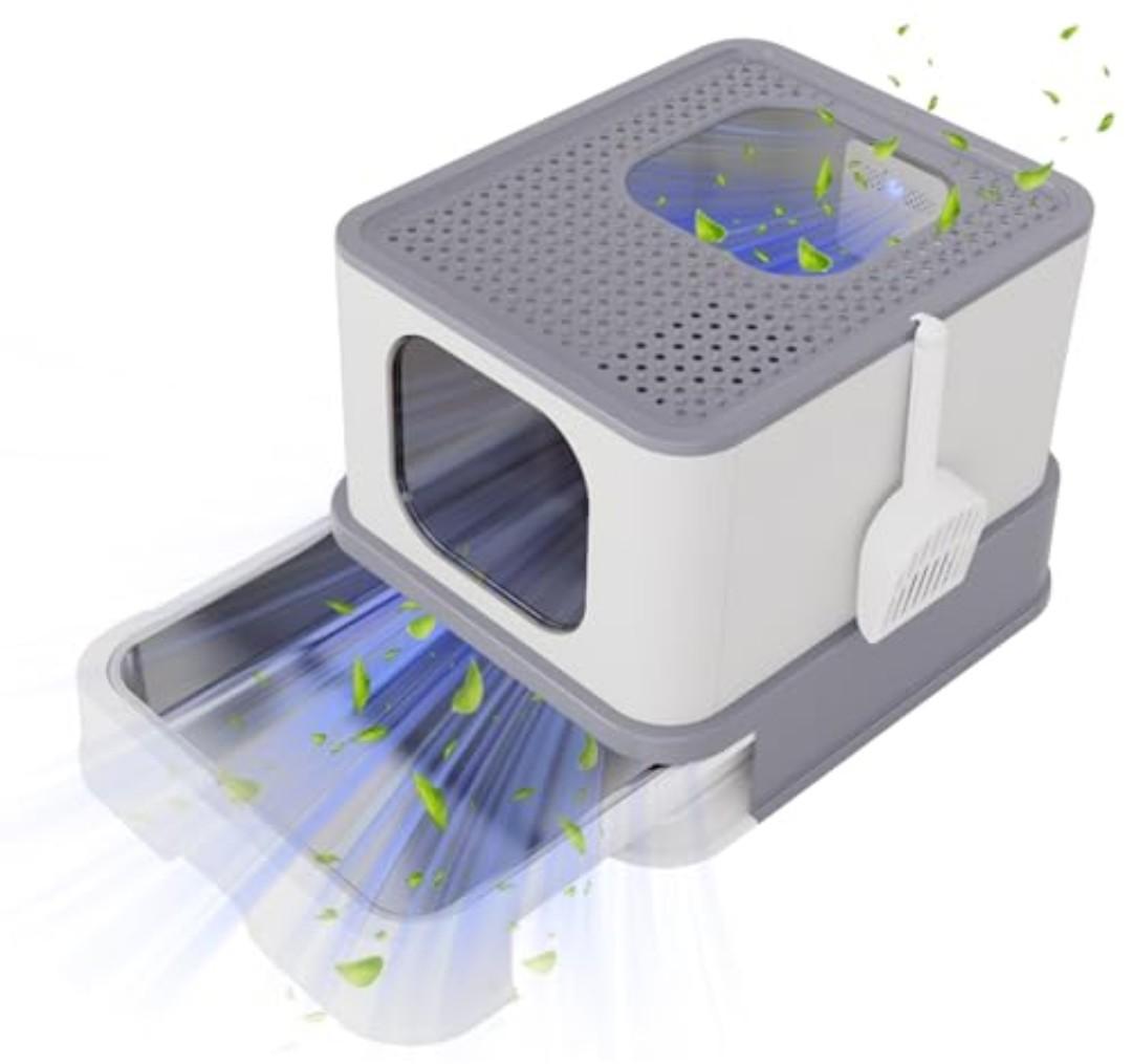 RIZZARI Enclosed Cat Litter Box with Lid, Large Foldable Litter Box with Litter Scoop, Top Entry Cat Toilet for Kittens and Big Cats (Light Gray,Stainless Steel with Deodorizer, X-Large)