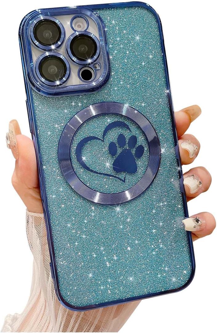 Weonmov Compatible for iPhone 16 Pro Case Glitter Clear Paw Love Heart Compatible with MagSafe, Camera Lens Protection Soft Slim Thin Magnetic Bling Phone Case - Blue