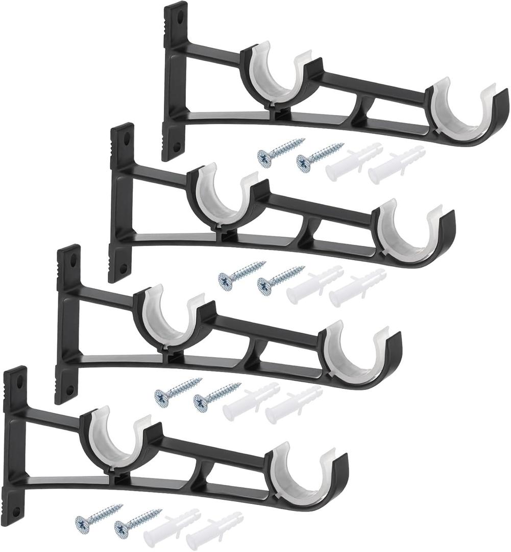 uxcell Double Curtain Rod Bracket, 4Pcs - Aluminum Alloy Curtain Rod Holders, Curtain Rod Hooks Fit for 0.8-1 Inch Drape Poles for Wall Hanger (Black)