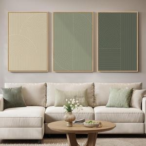 Large Framed Green and Neutral Beige Abstract Wall Art for Living Room, 3 Piece Modern Canvas Prints Paintings, Minimalist Geometric Line Pictures for Hallway Dining Bedroom Office Wall Decor 24x36 In, 24" W x 36" H x 3Pcs