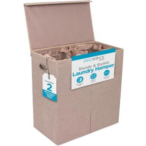 BirdRock Home Double Laundry Hamper with Lid and Removable Liners | Linen | Easily Transport Laundry | Foldable Hamper | Cut Out Handles