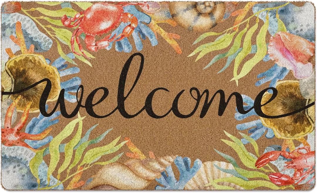 XLDLIOO Beach Coastal Welcome Door Mat, Summer Doormat, Ocean Welcome Front Door Mat Indoor Outdoor Entrance, Beachy Seashell Artificial Coir Doormats Rugs for Patio Entry Home Decor, 30x17in