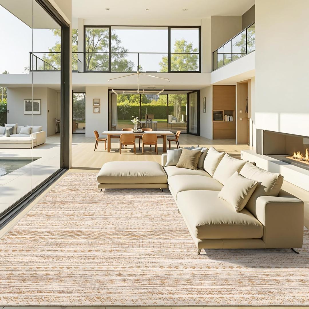 Miukiki 8x10 Area Rug for Living Room Moroccan Washable Rugs Non Slip Indoor Floor Carpet Foldable Large Soft Area Rug for Dining Room Bedroom with Low Pile(Beige,8'x10')