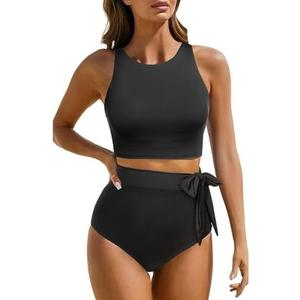 Aqua Eve Women High Waisted Bikini Set Racerback Swimsuit Two Piece Bathing Suit High Neck Swimwear L