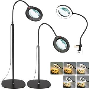 10X Magnifying Glass with Light and Stand, Optical Grade Real Glass Lens, 5 Color Modes, Stepless Dimmable, 24" Flexible Gooseneck 3-in-1 Floor Lamp, LED Lighted Magnifier Hands Free for Close Work