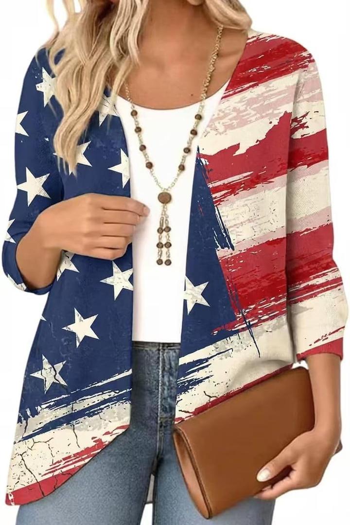 Beopjesk 3/4 Sleeve America Flag Cardigan for Women Summer 4th of July Independence Day Patriotic Kimono Cover Up Blouse Tops (XL)